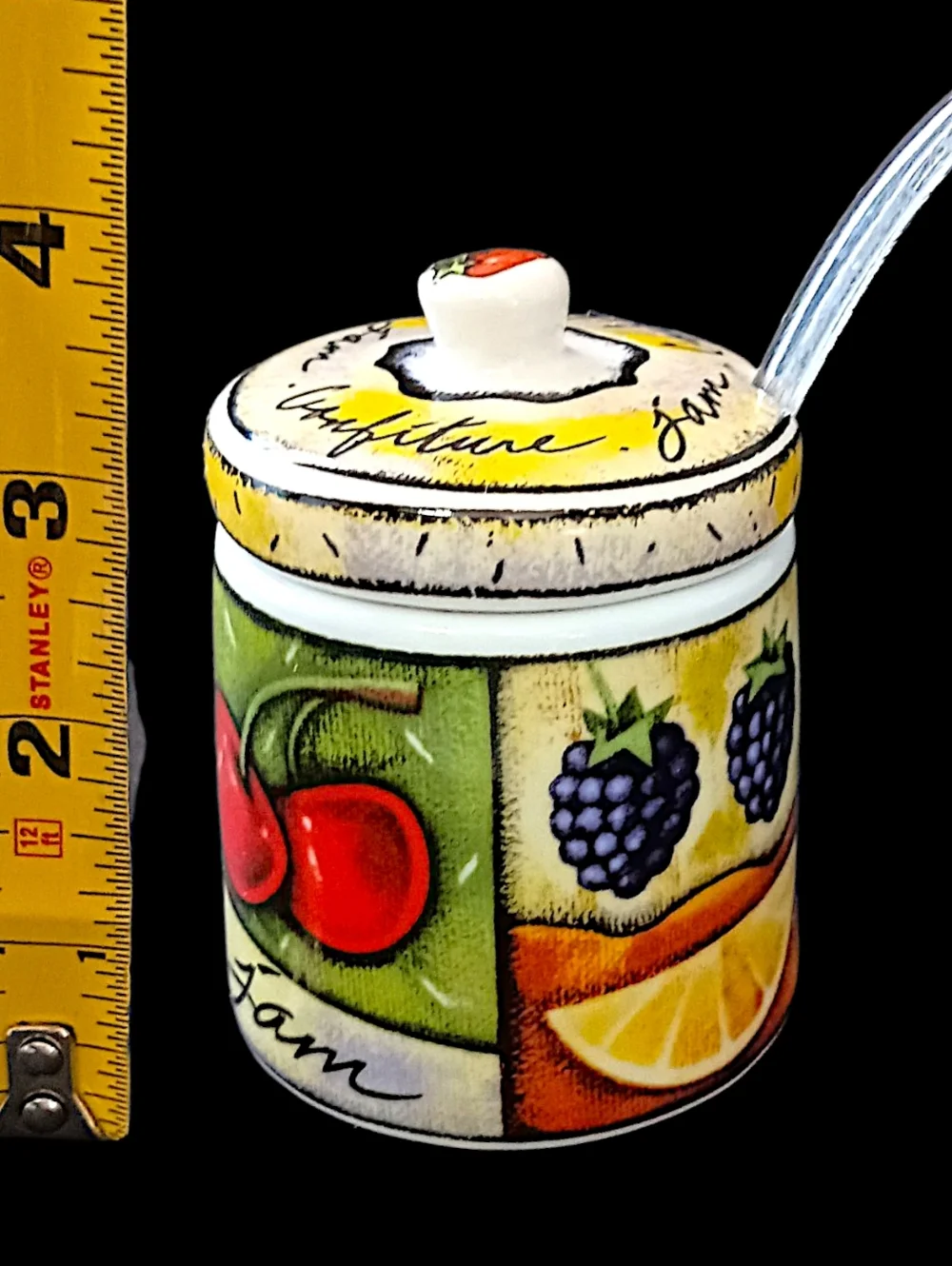 Vintage MSC Joie De‎ Vivre Ceramic Jam Jelly Jar Lid Spoon Fruit Confiture Pot